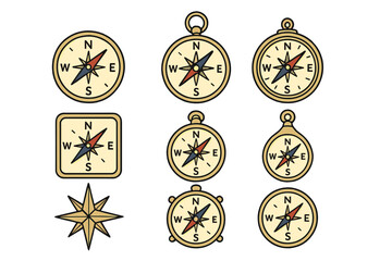 Vector set of isolated compass icons. Classic navigation equipment for adventure & exploration. Old school direction finders, windrose, & marine travel symbols collection.