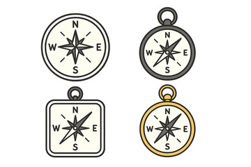 Compass icon set vector. North, south, west, east direction symbol. Navigation equipment for travel, adventure, exploration. Vintage cartoon journey and guidance concept.