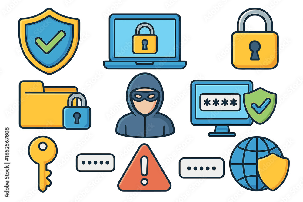 Poster cybersecurity icon set for data protection and internet security. vector cartoon symbols collection 