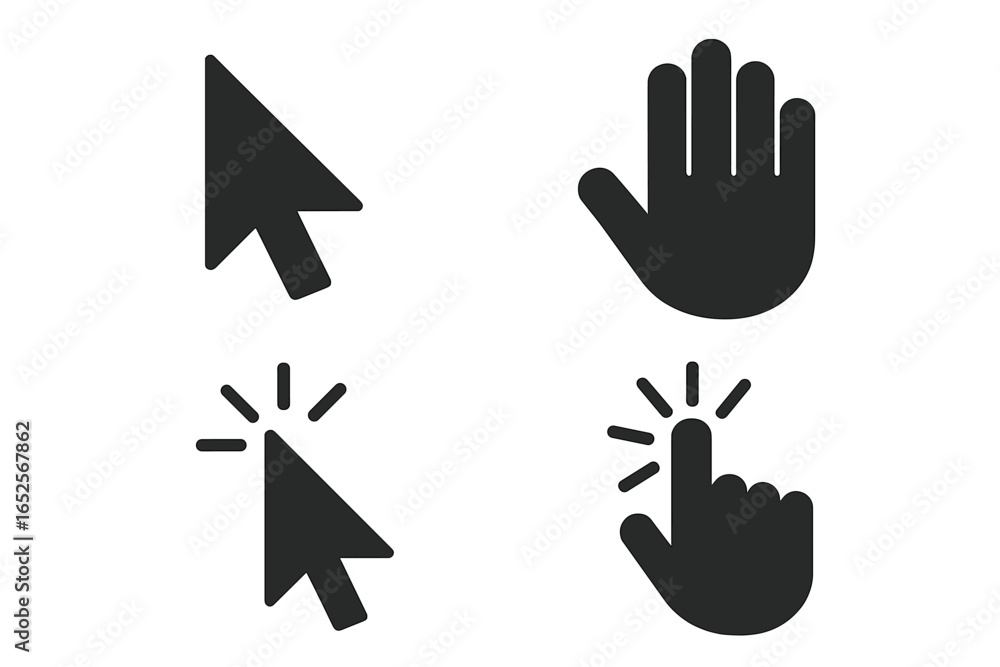 Poster cursor pointer icon set. computer mouse arrow and hand symbol collection. web click button and selec