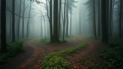 Fototapeta premium Misty forest with diverging paths and atmospheric lighting