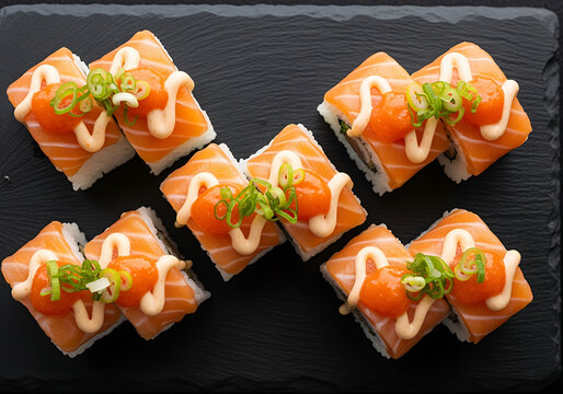 Delicious salmon sushi rolls with creamy sauce tobiko and green onions