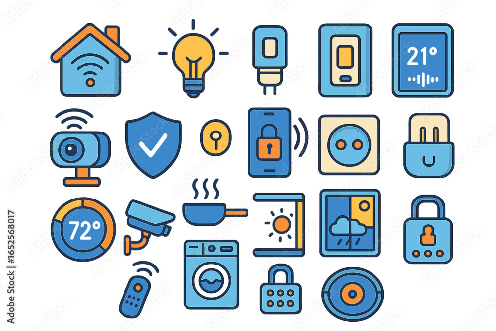 Poster smart home icon set. vector collection of home automation and iot technology elements. security came