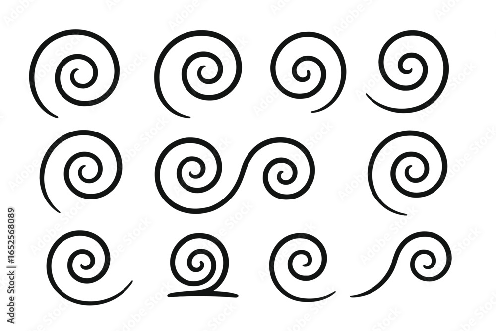 Poster hand-drawn spiral and swirl collection. set of various minimalist doodle shapes. abstract geometric 