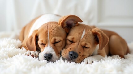 A pair of dogs lying on a white velvet cloth.