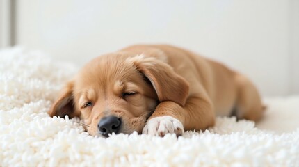A golden retriever puppy is lying on a white velvet cloth.