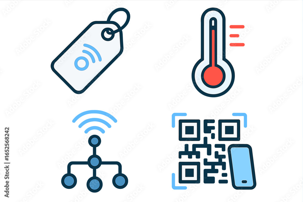 Poster iot technology icon set with smart rfid tag, temperature sensor, wireless network connectivity, and 