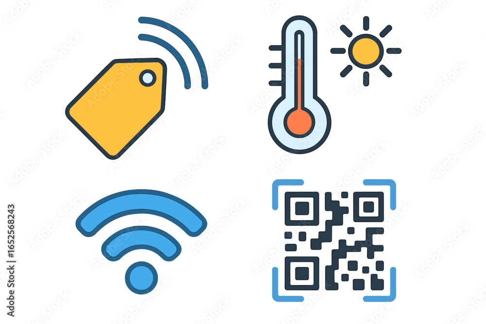 Poster technology icon set for iot applications. smart tagging, temperature monitoring, network connectivit