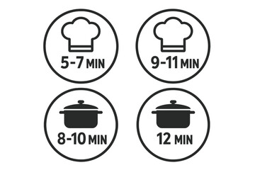 Vector icon set for cooking time instructions on food packaging. Includes chef hat and pan symbols with minute timer. Flat design label for pasta and food products.