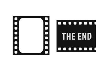 Obraz premium The End movie title on a film strip. Final frame of a retro movie. Vintage cinema screen. Vector set of old filmstrip borders and ending title card illustrations.