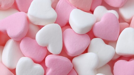 Sweet pink and white heart shaped candies background filling the frame .