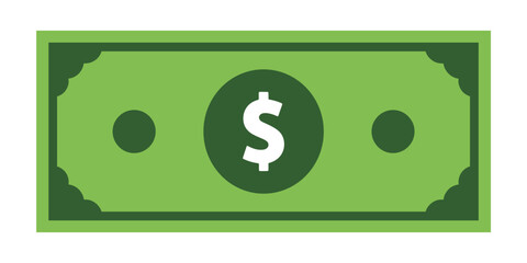 Green dollar bill with white dollar sign and dark green border money currency