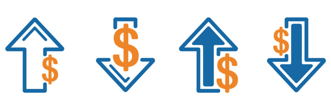 Four blue and orange dollar sign arrow icons showing upward and downward trends up arrow down arrow