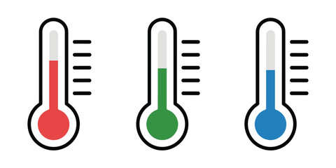 Three thermometers with red green and blue liquid levels on white background temperature measurement