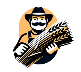 Farmer holding bundle of wheat ears. Farm worker and organic grown food. Emblem symbol for packaging label design