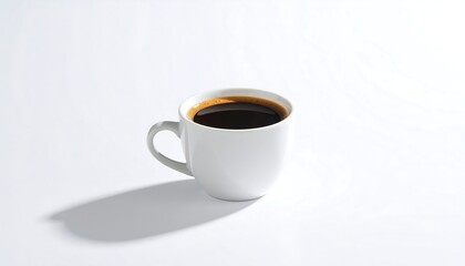 Single White Cup of Black Coffee with Crema on White Surface and Strong Shadow
