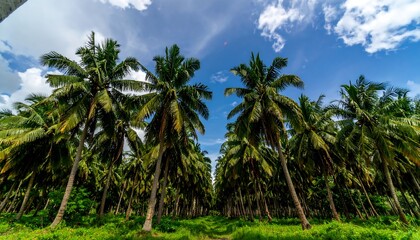 Fototapeta premium Lush coconut grove under a cloudy sky