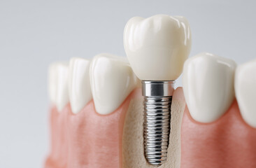 Close-up of detailed dental implant model showing titanium screw and crown