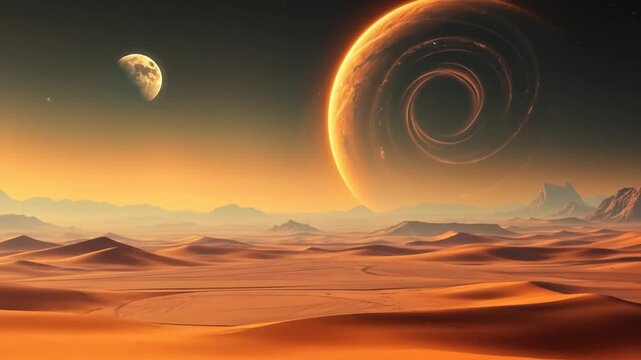 Surreal Alien Desert Landscape with a Massive Swirling Planet and Distant Moon