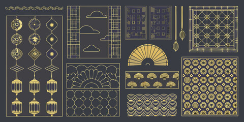 Elegant Asian Inspired Golden Graphic Elements on Dark Background