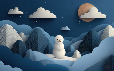 Delightful winter wonderland featuring a charming snowman amidst serene, fluffy clouds and a glowing moon