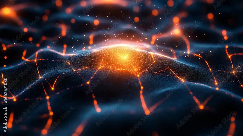 Poster an enchanting display of glowing particles weaves through undulating waves, creating a mesmerizing c