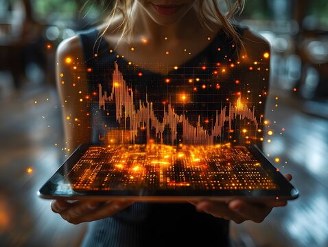 A businesswoman holding a glowing digital tablet with financial data long title A businesswoman holds a digital tablet displaying holographic