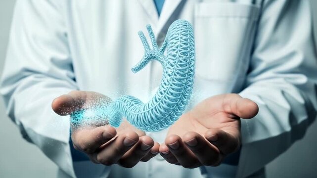 Doctor holding 3d rendered stomach model with blue glowing particles in cupped hands wearing lab coat