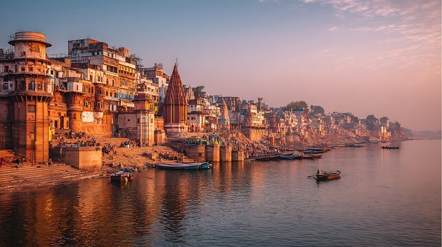 Varanasi city with ancient architecture. View of the holy Manikarnika ghat at Varanasi India at sunset, .
