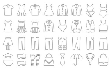 Line art of various clothing items and accessories, including shirts, dresses, pants, jackets, and a tie. Simple, minimalist style on white background.