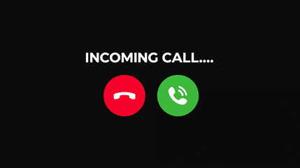 Two call icons on the screen, one red for hang up and another green button with text in white letters at the top center of the graphic that says "INCOMING CALL…." in a vector style, black background