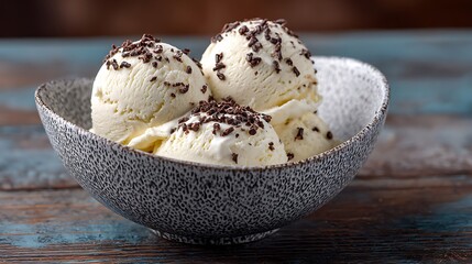 Vegan Ice Cream Concept, Three scoops of creamy vanilla ice cream in a textured bowl, garnished with chocolate sprinkles. .