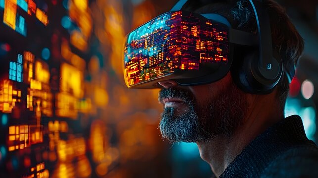 Elderly businessman navigates virtual reality financial data projections