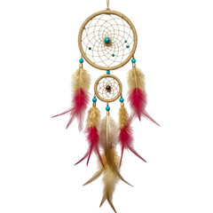 Double Ring Dreamcatcher: Beige, Pink, and Teal Feathers