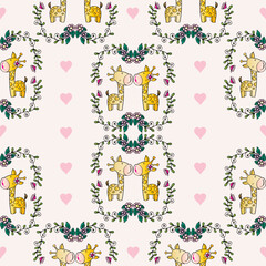 Seamless pattern with cute giraffes and hearts. Vector illustration.