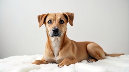 A dog sits on a white velvet cloth against a white wall.