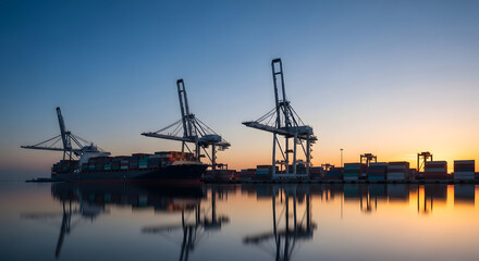 Obraz premium Cargo Container Ship at Dock Reflecting in Calm Water at Sunrise