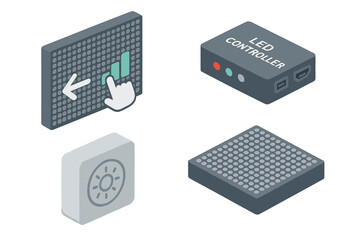 Isometric LED display icon set with interactive wall screens, LED panel controller box, light sensor symbol, vector illustration for smart lighting, signage, user interface concepts