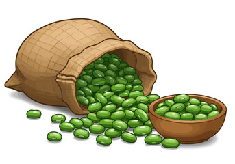 Green beans illustration, fresh vegetable artwork, sack and bowl food design, organic harvest drawing, healthy eating decor, farm produce cartoon graphic
