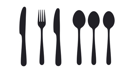 Elegant Black Silhouette of Cutlery Set on White Background for Design