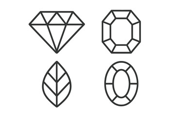 Outline Icon Set of Precious Gemstones and Jewelry Shapes, Minimal Line Art Diamond, Ruby, Emerald Leaf Cut, Sapphire, Modern Vector Illustration for Jewelry Design and Branding