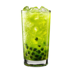 A glass filled with a green bubble tea and ice cubes, the drink isolated on white transparent background