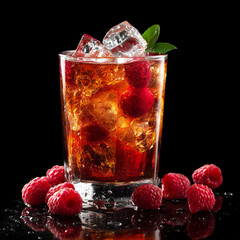 Cocktail drink with raspberries and ice
