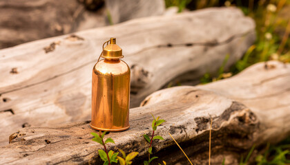 Fototapeta premium Copper Metal Bottle on Driftwood