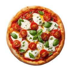Pizza Margherita with Tomato sauce, fresh mozzarella, basil, olive oil isolated on white transparent background