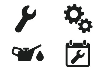 Black Solid Maintenance and Repair Icon Set with Wrench, Gears, Oil Can, and Scheduled Service Symbol for Automotive and Industrial Equipment, Vector Illustration on Transparent Background
