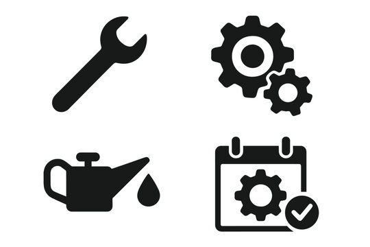 Maintenance service icon set. Wrench tool, gear mechanism, oil can, liquid drop, maintenance calendar, repair symbol, settings sign. Preventive engineering, periodic schedule vector illustration