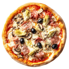 Pizza Quattro Stagioni with Tomato sauce, mozzarella, artichokes, ham, mushrooms and olives isolated on white transparent background