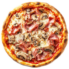 Pizza Prosciutto e Funghi with Tomato sauce, mozzarella, ham, mushrooms isolated on white transparent background