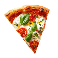 Slice of pizza Margherita with Tomato sauce, fresh mozzarella, basil ans olive oil on white background isolated on white transparent background